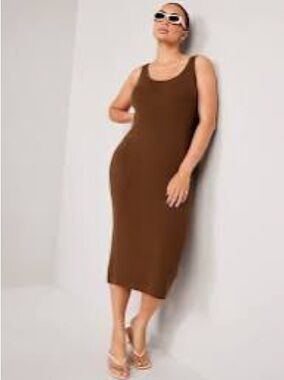 Old Navy Ribbed Knit Brown Tank Midi Dress Scoop Neck Womens Sz XL Tall